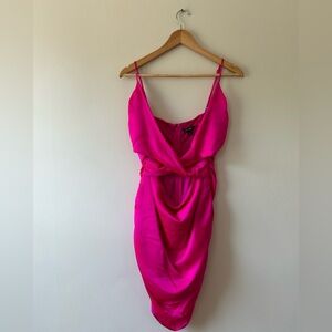 Hot pink, recycled polyester, strappy, cut out midriff, rouched back, mini dress